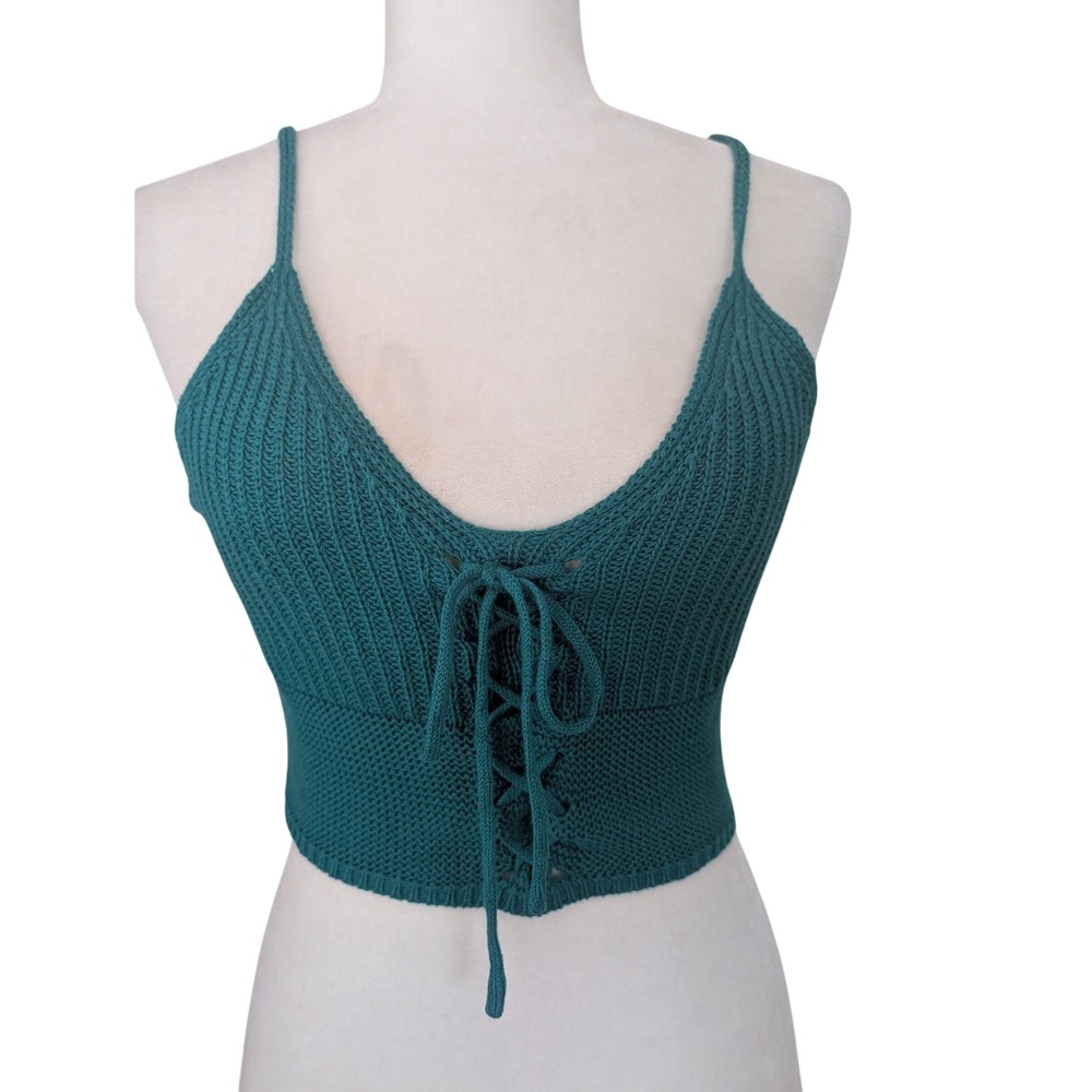 Double‎ Zero Women Small Teal Green Lace Up Knit Crop Top Ribbed Spaghetti Strap